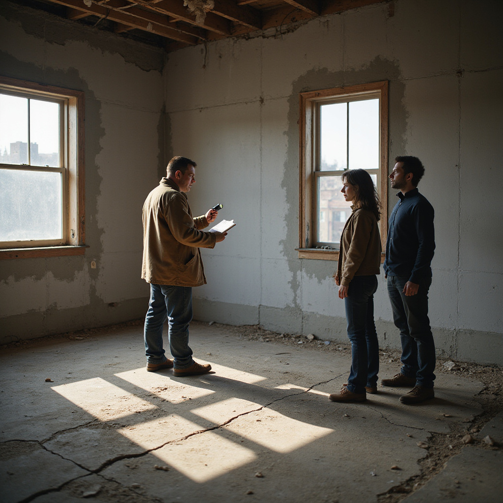 Un expert immobilier inspecte une maison pour détecter déventuels vices cachés, comme des fissures ou des infiltrations deau.
