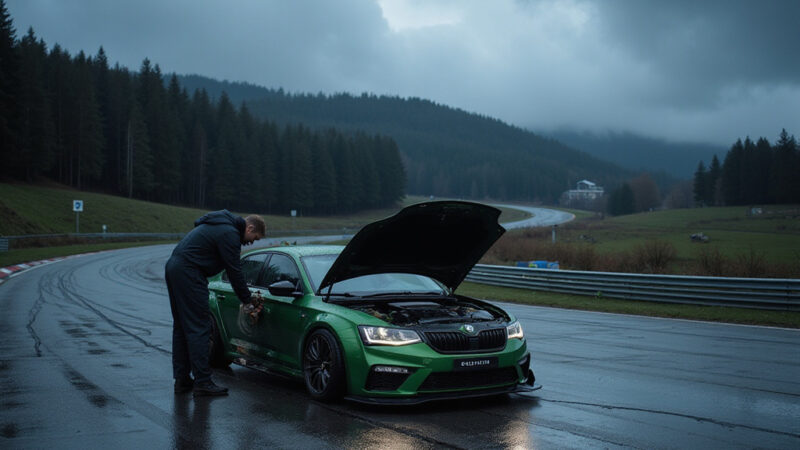 [Prototype du Skoda 7S en essai sur le circuit du Nürburgring, camouflé sous des adhésifs noirs et blancs]