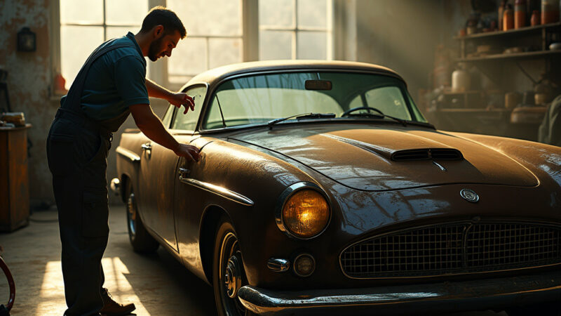 Alt-text : Un moteur de voiture ancienne entouré de flacons d’huile minérale, symbolisant l’importance du choix de l’huile pour préserver les véhicules classiques.