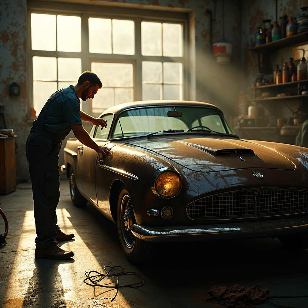 Alt-text : Un moteur de voiture ancienne entouré de flacons d’huile minérale, symbolisant l’importance du choix de l’huile pour préserver les véhicules classiques.