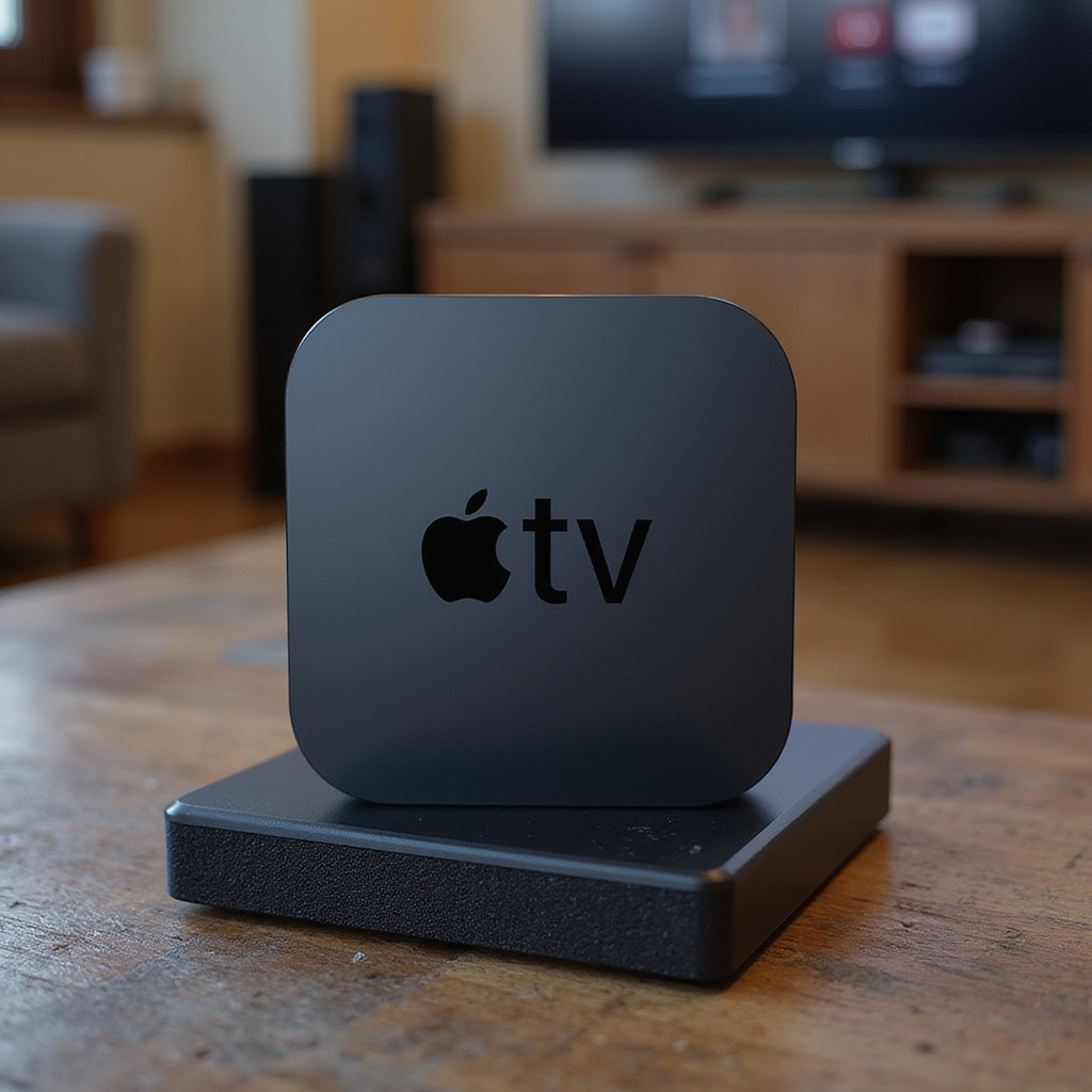 Apple TV avec la nouvelle interface Liquid Glass affichant des profils utilisateurs et une mise en page moderne.