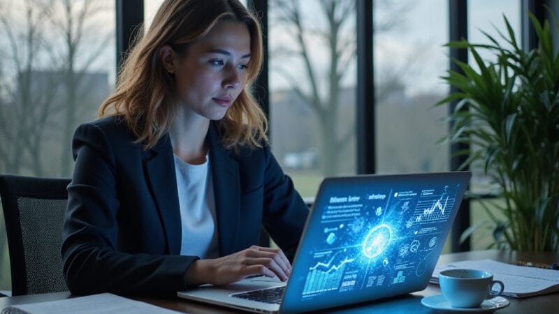 Personne utilisant un ordinateur avec des graphiques dintelligence artificielle pour optimiser sa productivité au travail.