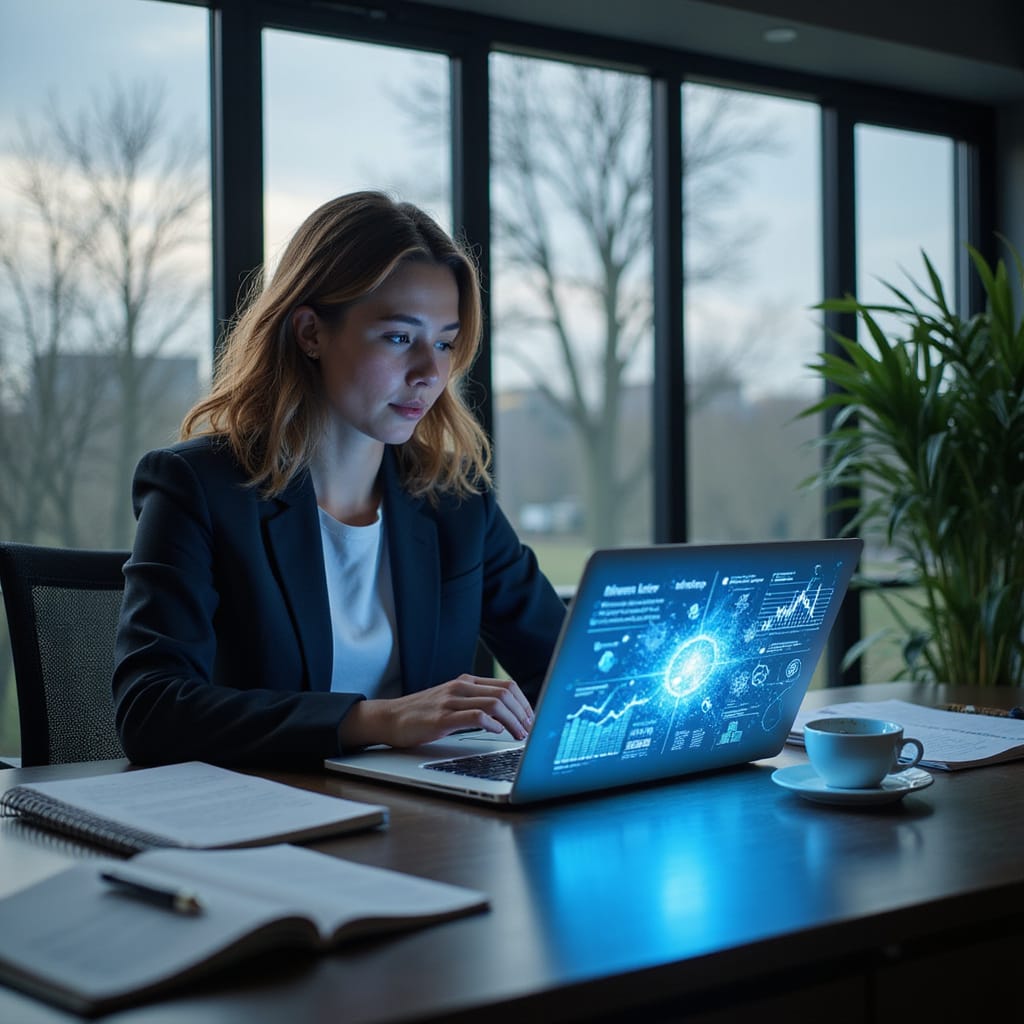 Personne utilisant un ordinateur avec des graphiques dintelligence artificielle pour optimiser sa productivité au travail.