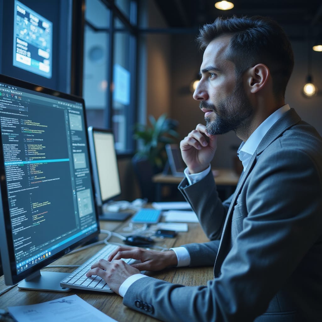 Personne utilisant un ordinateur avec des graphiques dintelligence artificielle pour optimiser sa productivité au travail.