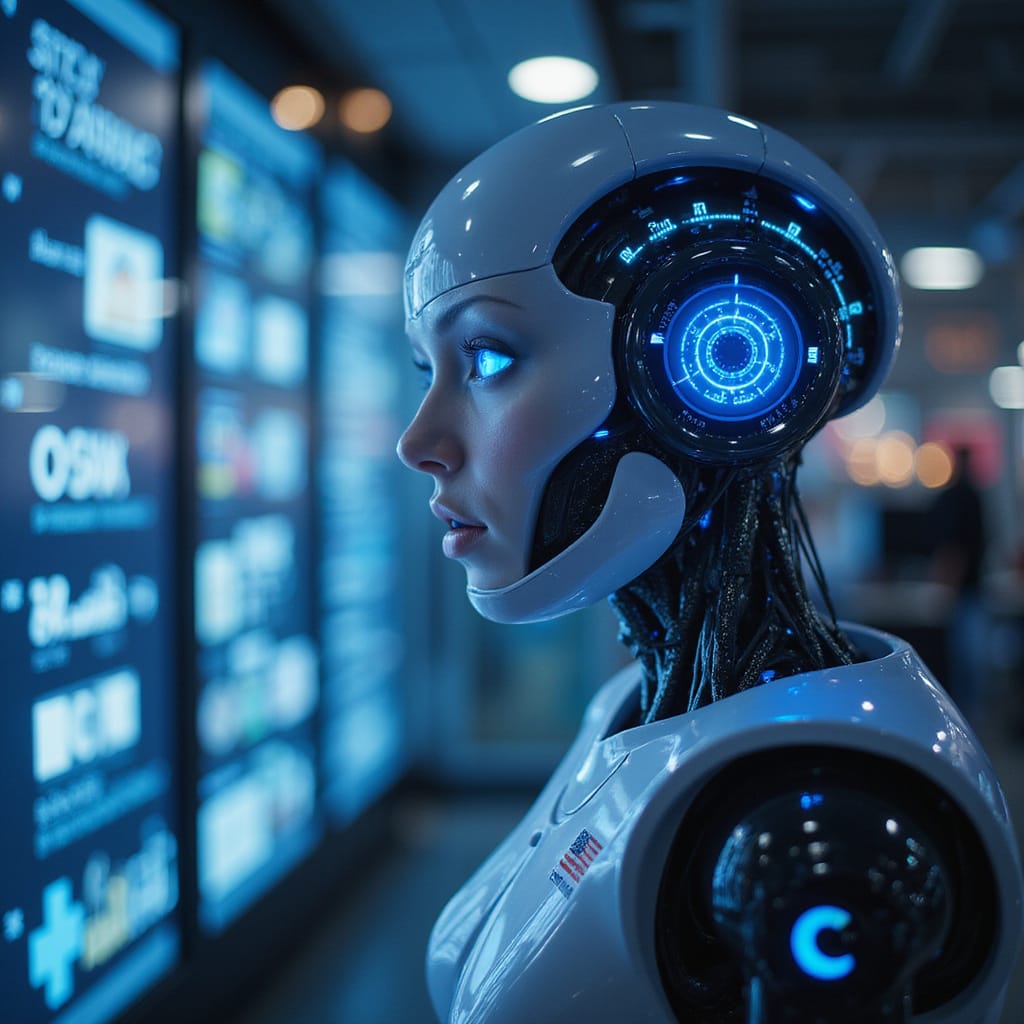 Personne utilisant un ordinateur avec des graphiques dintelligence artificielle pour optimiser sa productivité au travail.