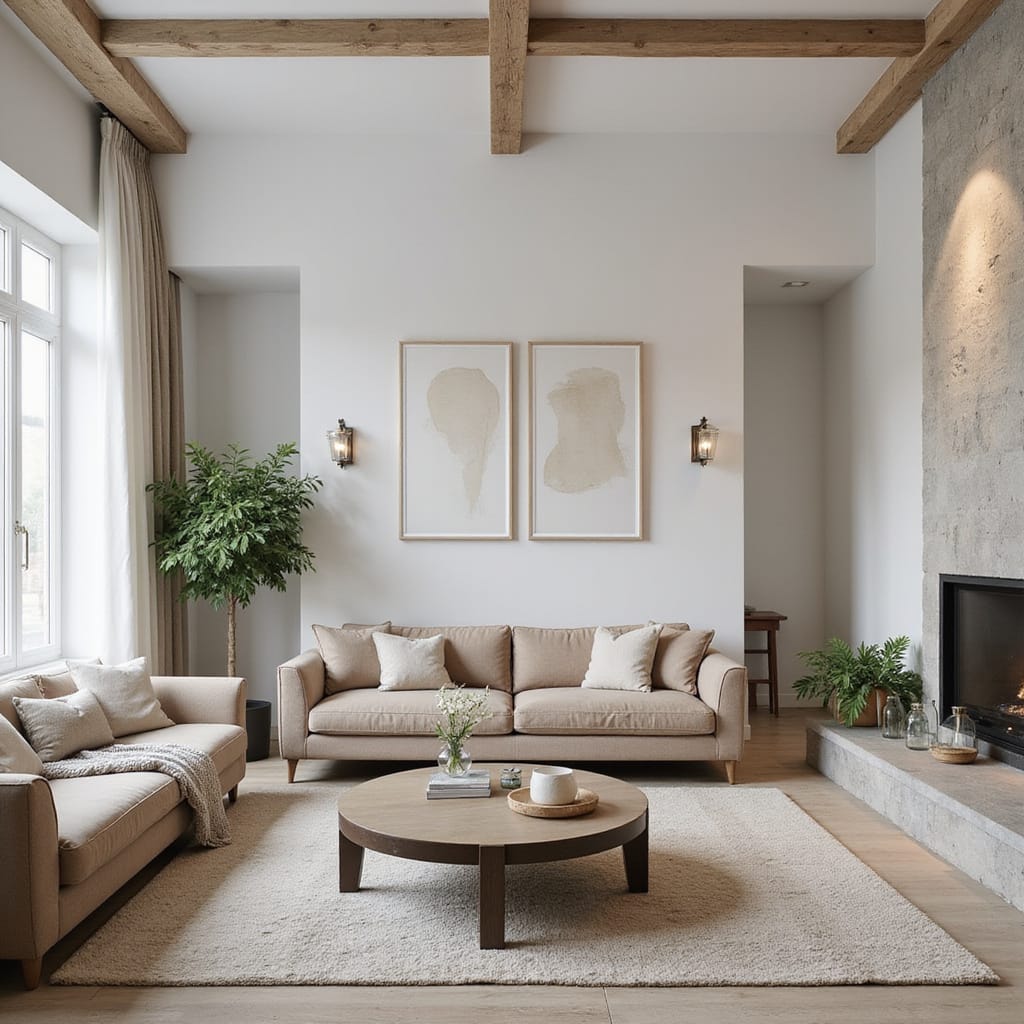 Une pièce avec un plafond bas, aménagée avec des couleurs claires et un éclairage bien pensé, donnant une illusion d’espace.