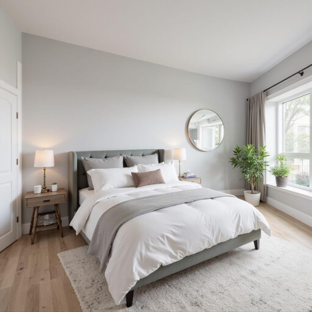 Une pièce avec un plafond bas, aménagée avec des couleurs claires et un éclairage bien pensé, donnant une illusion d’espace.