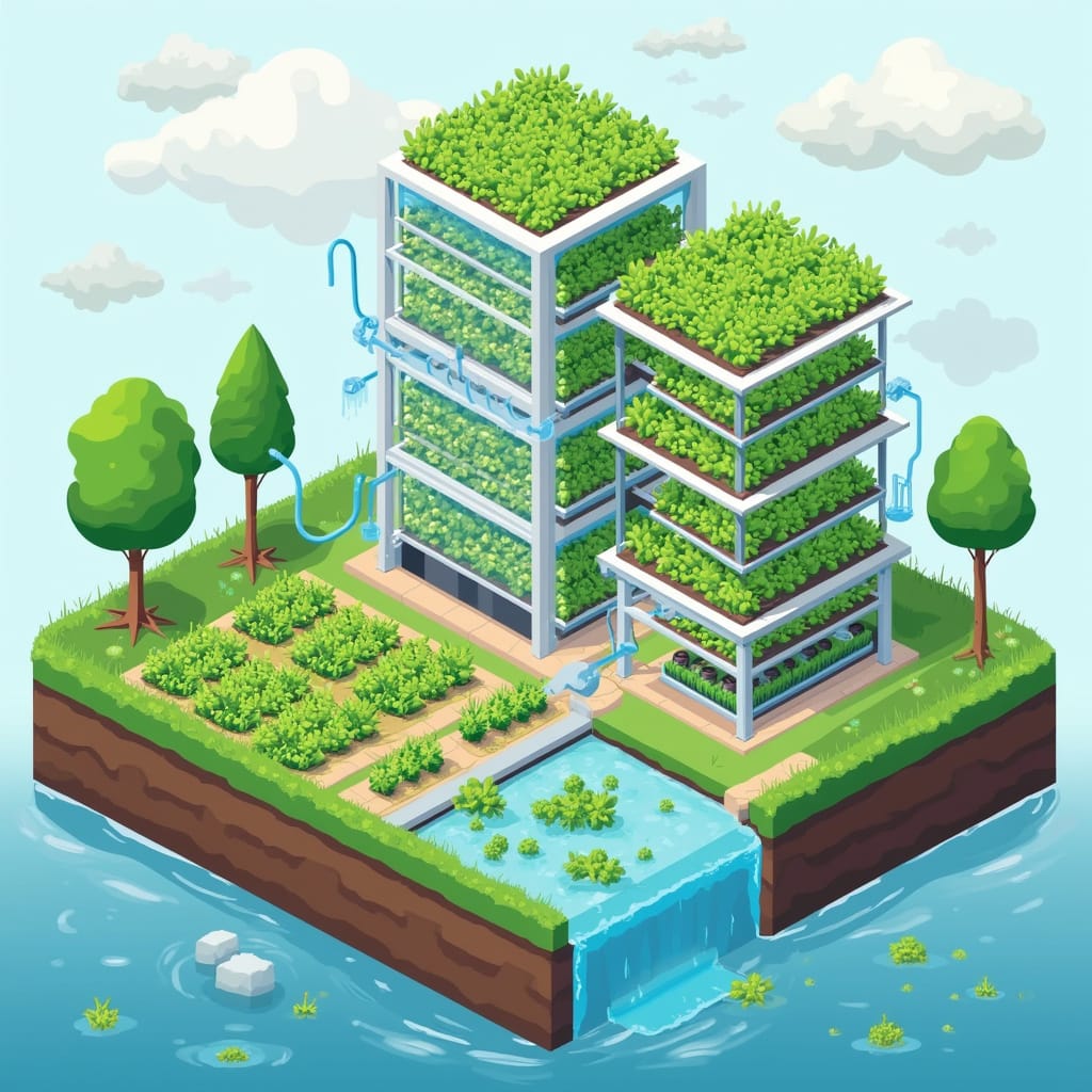 Image montrant une ferme verticale moderne avec des cultures superposées et un système dirrigation goutte-à-goutte, illustrant linnovation agricole durable.