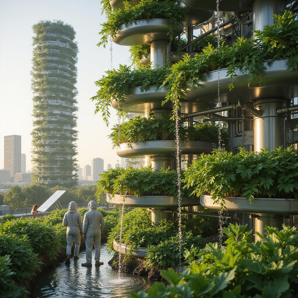 Image montrant une ferme verticale moderne avec des cultures superposées et un système dirrigation goutte-à-goutte, illustrant linnovation agricole durable.