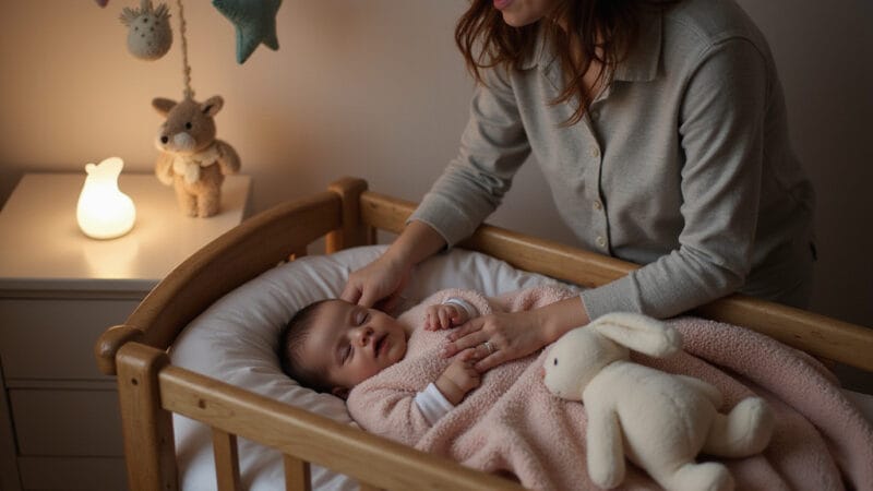 Un bébé de 6 mois endormi paisiblement dans son berceau, entouré dune ambiance calme et apaisante.
