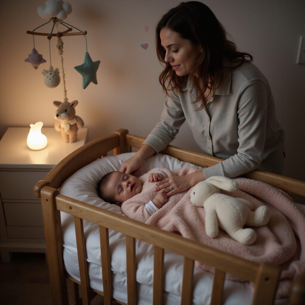 Un bébé de 6 mois endormi paisiblement dans son berceau, entouré dune ambiance calme et apaisante.