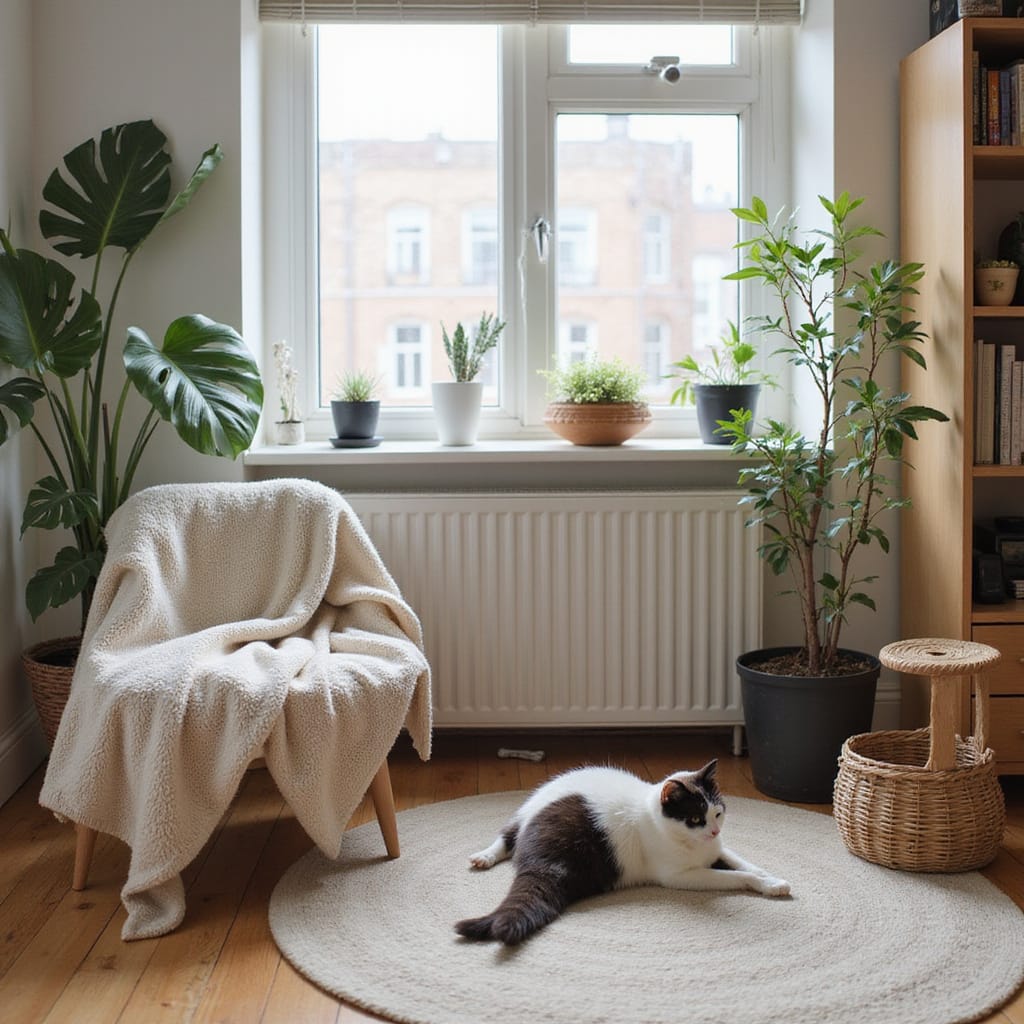 Chat dintérieur jouant avec un jouet interactif dans un salon bien aménagé.
