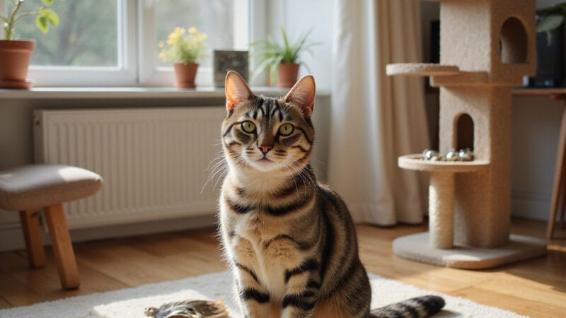 Chat dintérieur jouant avec un jouet interactif dans un salon bien aménagé.