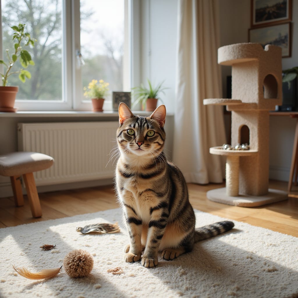 Chat dintérieur jouant avec un jouet interactif dans un salon bien aménagé.
