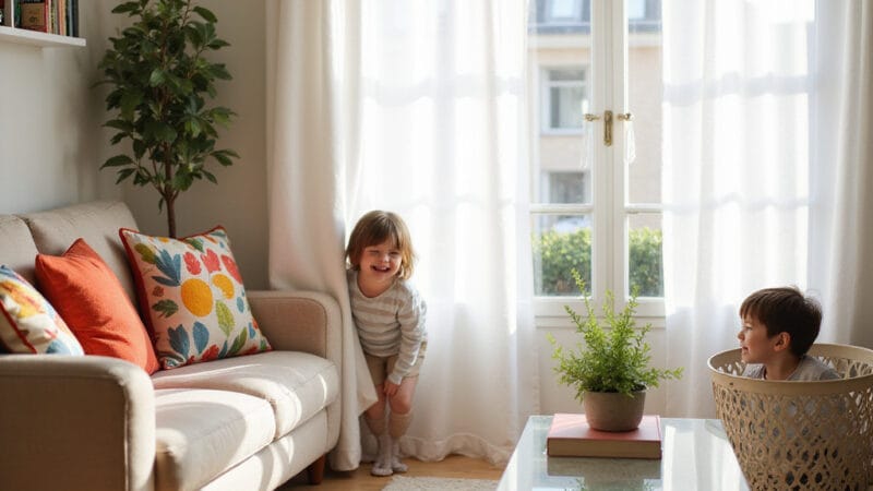 Alt-text : Enfants jouant à cache-cache derrière un rideau dans un petit appartement, souriants et excités.
