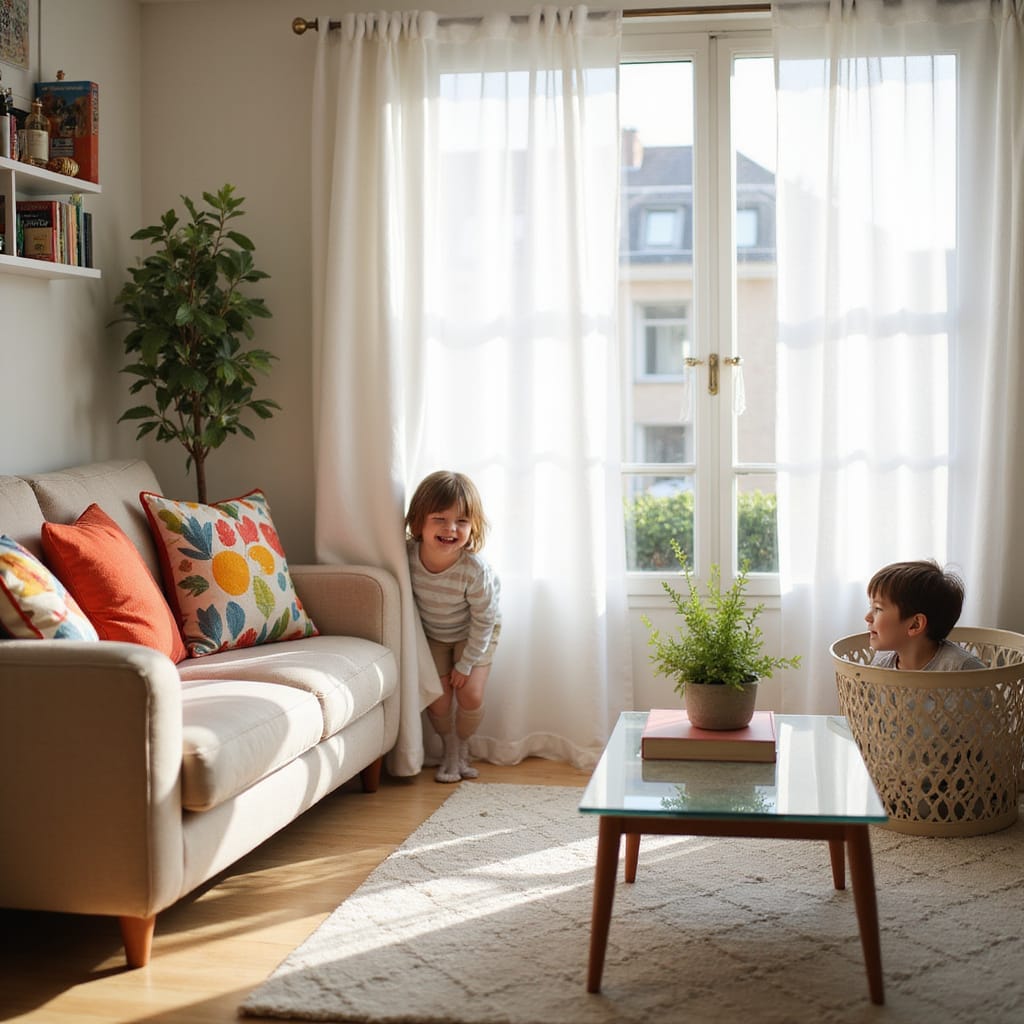 Alt-text : Enfants jouant à cache-cache derrière un rideau dans un petit appartement, souriants et excités.