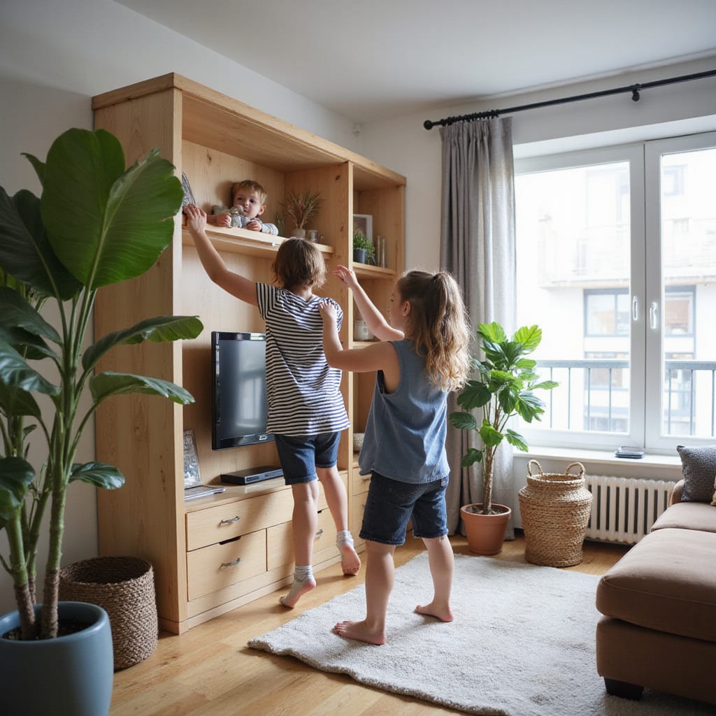 Alt-text : Enfants jouant à cache-cache derrière un rideau dans un petit appartement, souriants et excités.