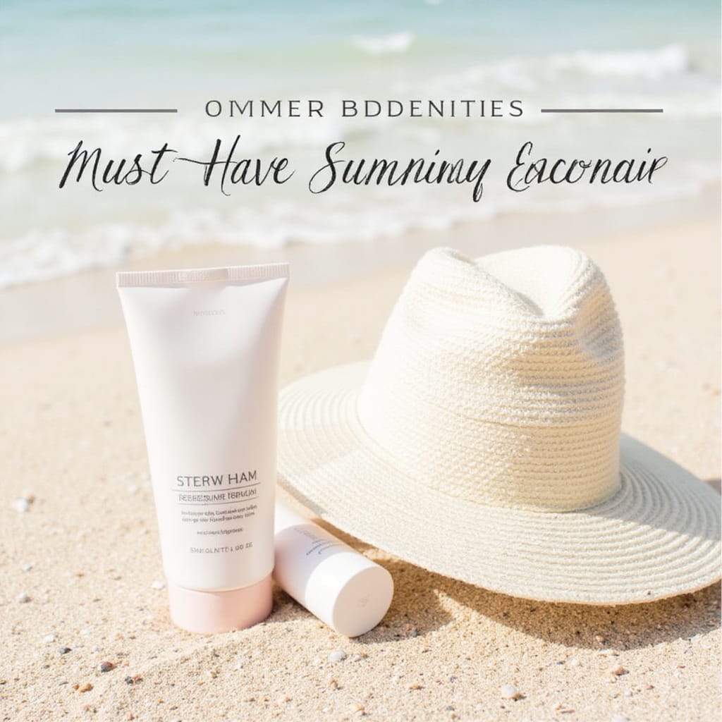 Alt-text : Une sélection de produits estivaux pratiques et stylés, incluant une crème solaire, un chapeau, un pare-soleil et une serviette de plage.