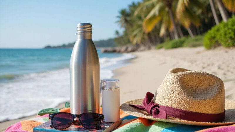 Alt-text : Une sélection de produits estivaux pratiques et stylés, incluant une crème solaire, un chapeau, un pare-soleil et une serviette de plage.