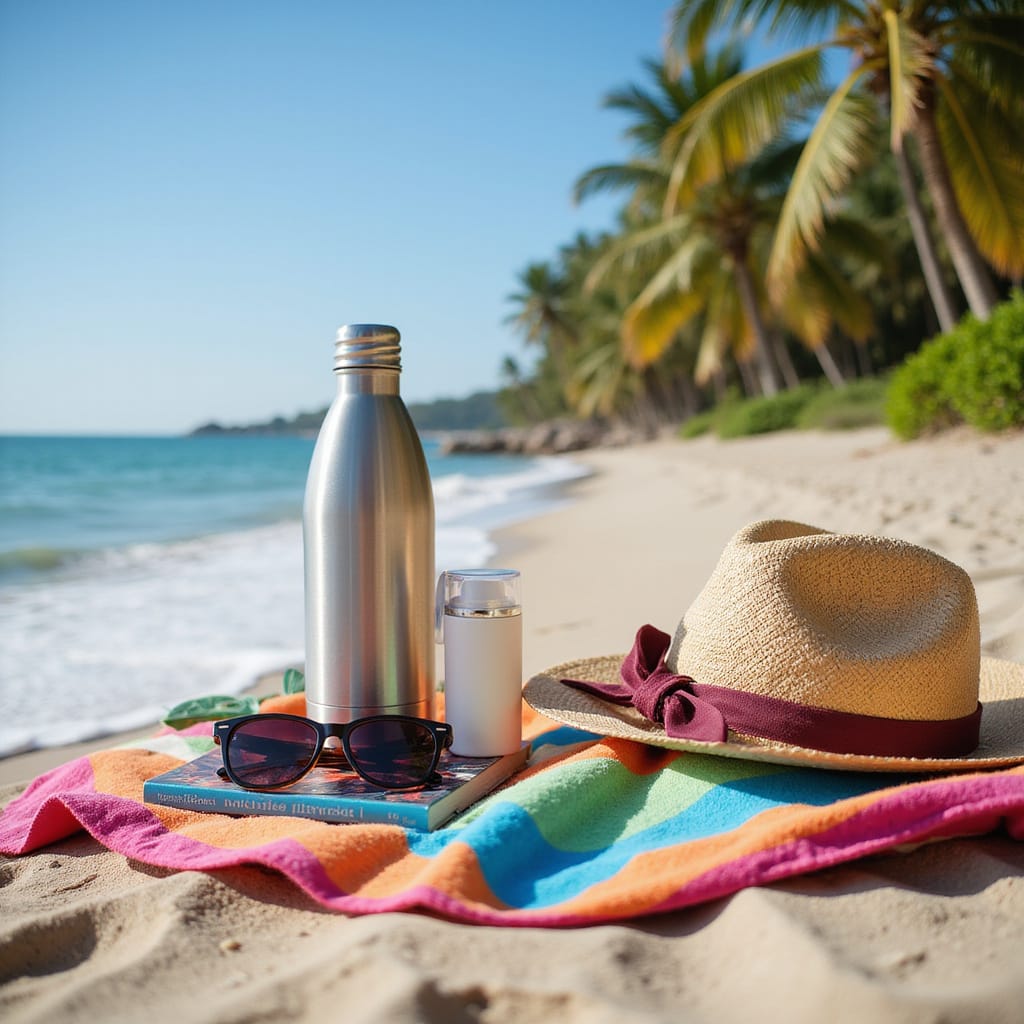 Alt-text : Une sélection de produits estivaux pratiques et stylés, incluant une crème solaire, un chapeau, un pare-soleil et une serviette de plage.
