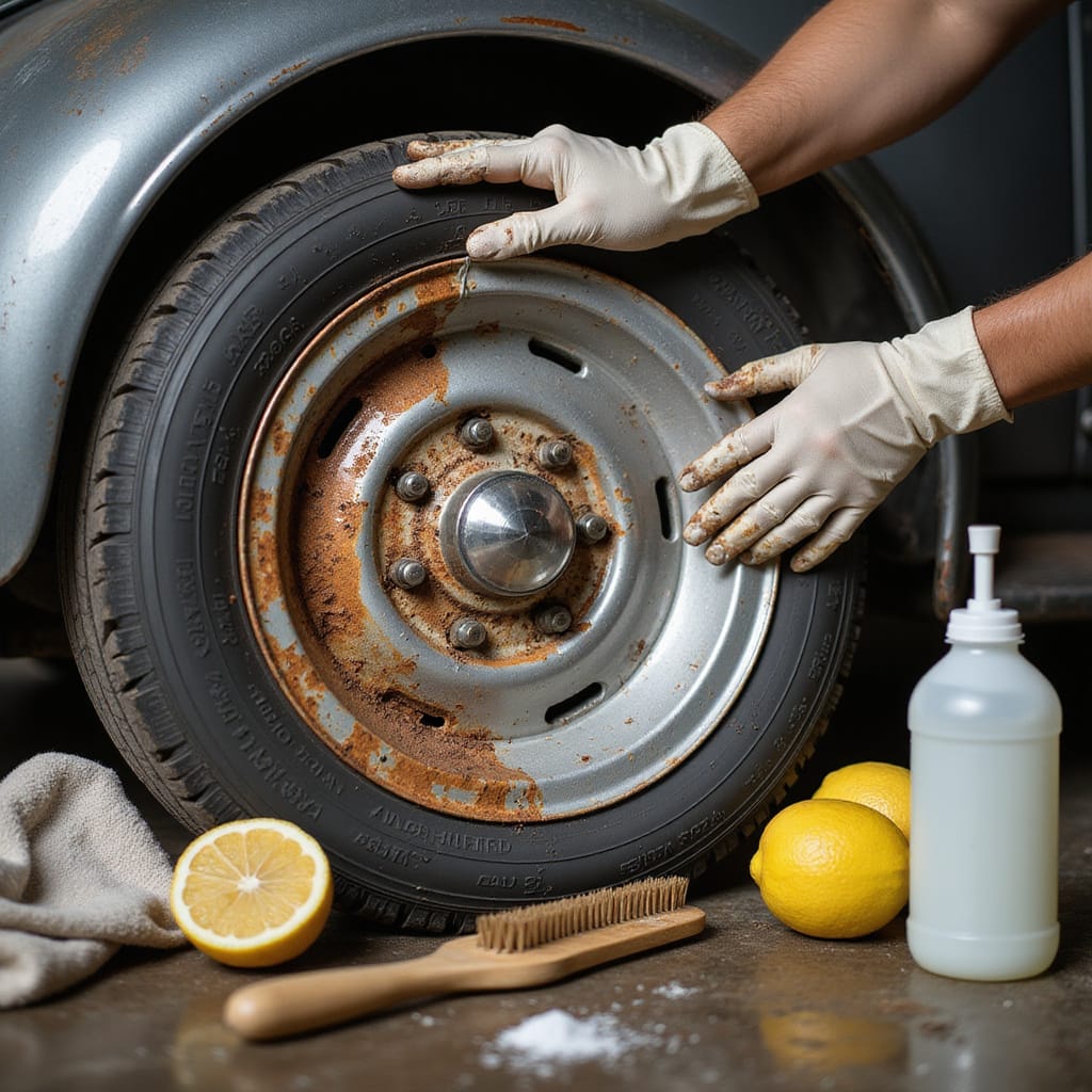 Alt-text : Homme appliquant un produit antirouille sur les jantes dune voiture avec un pinceau, méthode sans soudure.