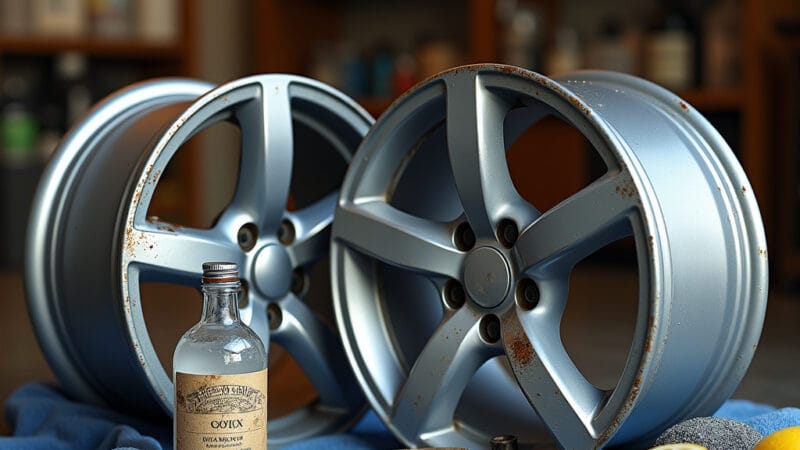 Alt-text : Homme appliquant un produit antirouille sur les jantes dune voiture avec un pinceau, méthode sans soudure.