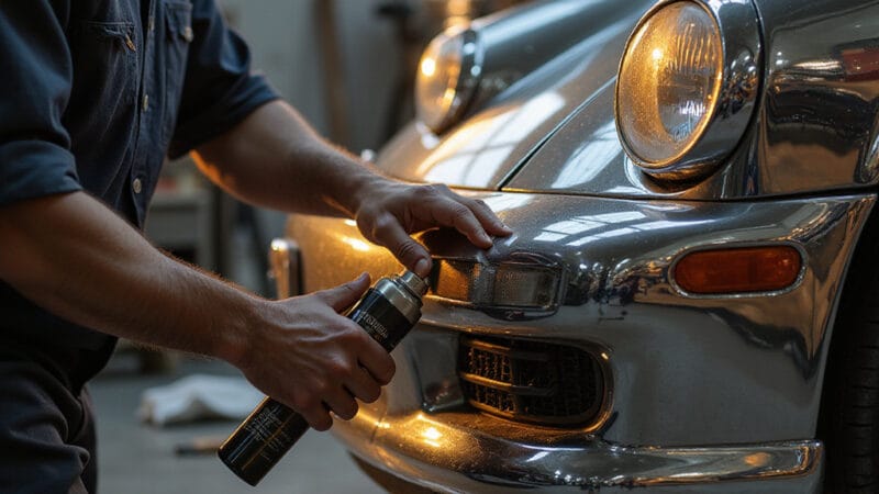 Un homme appliquant de la pâte à polir sur un pare-chocs chromé avec un chiffon microfibre, étape clé pour redonner de léclat.