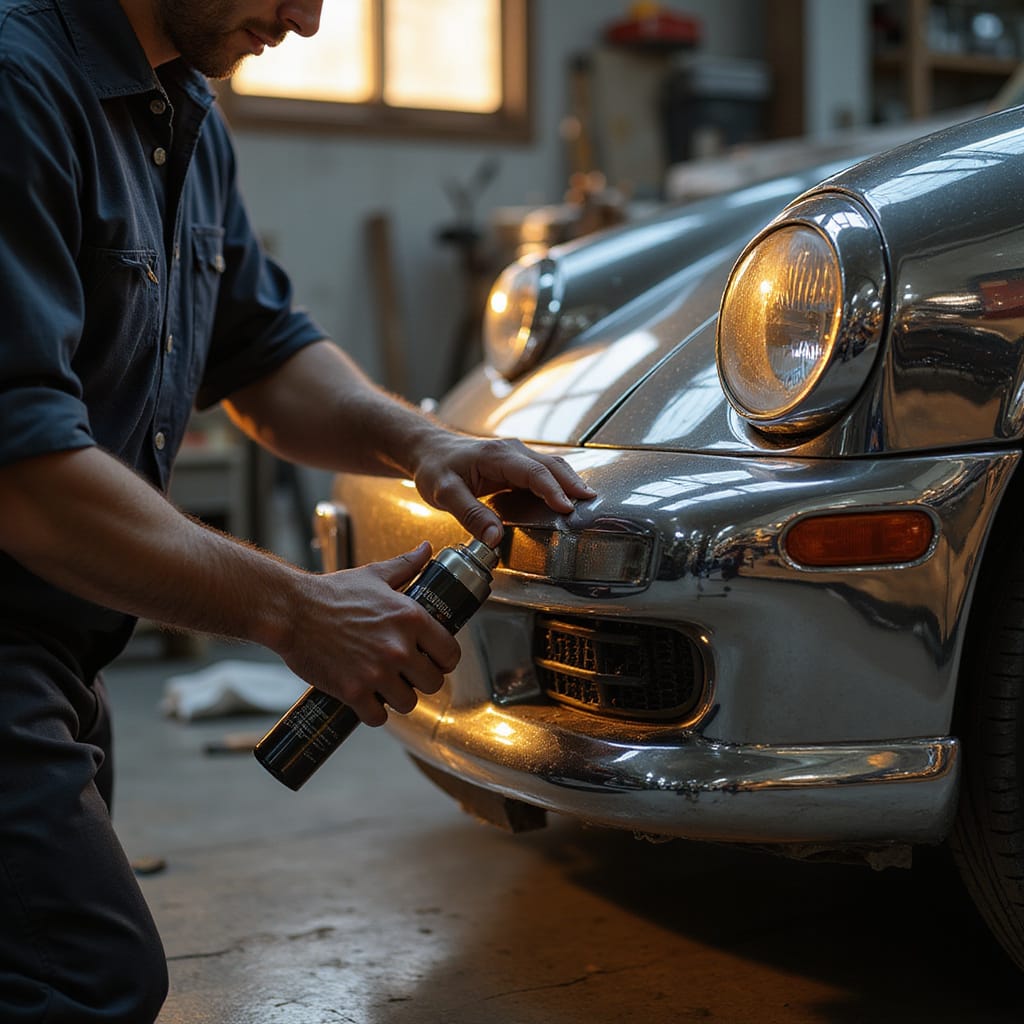 Un homme appliquant de la pâte à polir sur un pare-chocs chromé avec un chiffon microfibre, étape clé pour redonner de léclat.