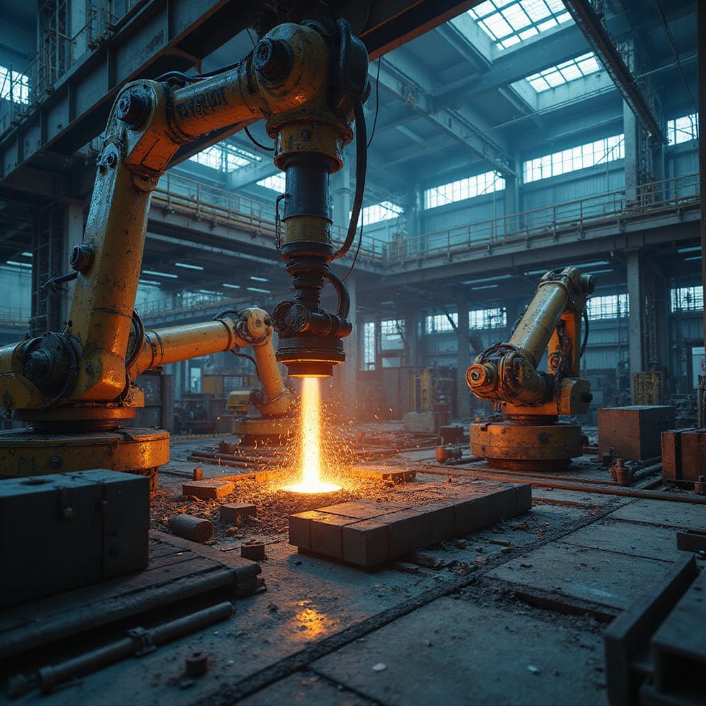 Alt-text : Photo d’un haut-fourneau moderne avec des interfaces numériques, symbolisant la fusion entre technologie IA et production d’acier.