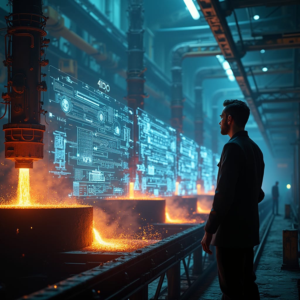 Alt-text : Photo d’un haut-fourneau moderne avec des interfaces numériques, symbolisant la fusion entre technologie IA et production d’acier.