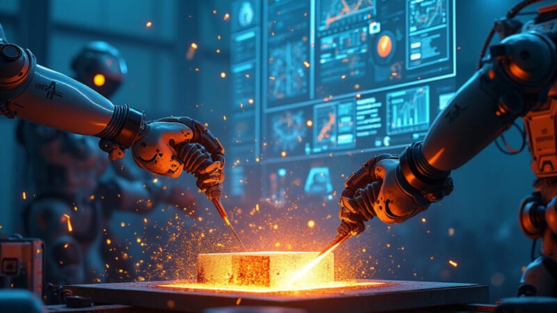 Alt-text : Photo d’un haut-fourneau moderne avec des interfaces numériques, symbolisant la fusion entre technologie IA et production d’acier.