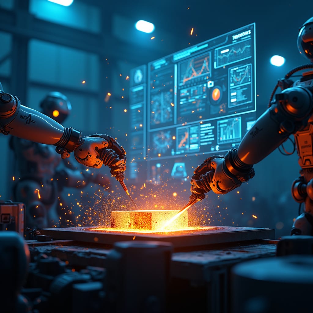 Alt-text : Photo d’un haut-fourneau moderne avec des interfaces numériques, symbolisant la fusion entre technologie IA et production d’acier.