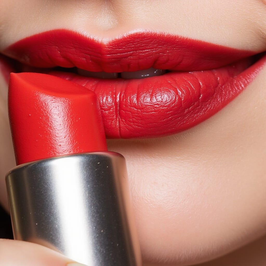 Une femme appliquant un rouge à lèvres rouge vif devant un miroir, avec plusieurs tubes de rouge à lèvres de différentes teintes posés sur une table en bois.