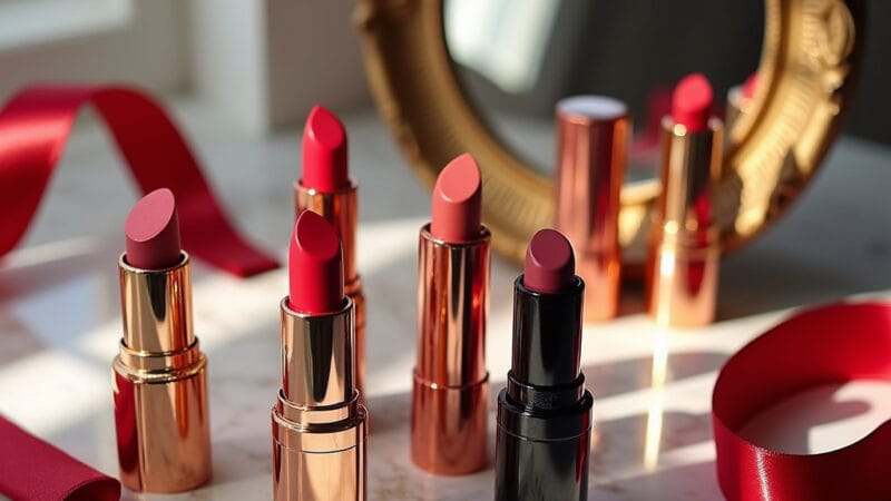 Une femme appliquant un rouge à lèvres rouge vif devant un miroir, avec plusieurs tubes de rouge à lèvres de différentes teintes posés sur une table en bois.