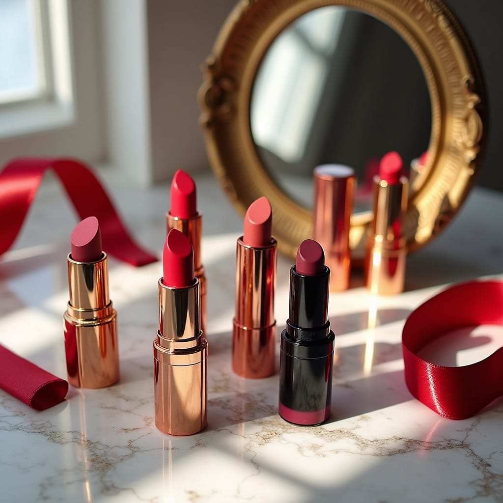 Une femme appliquant un rouge à lèvres rouge vif devant un miroir, avec plusieurs tubes de rouge à lèvres de différentes teintes posés sur une table en bois.