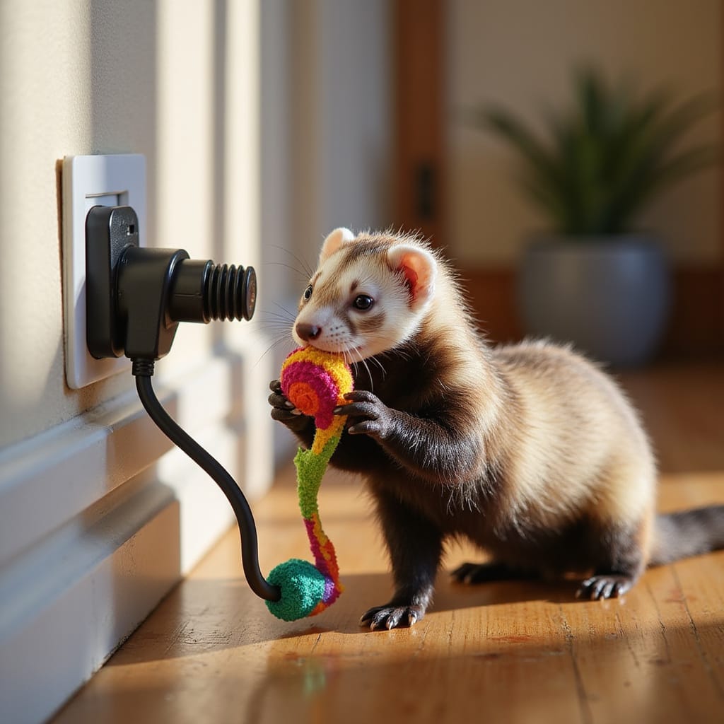 Alt-text pour une image : Furette curieuse examinant un câble électrique entouré dune gaine de protection. ```