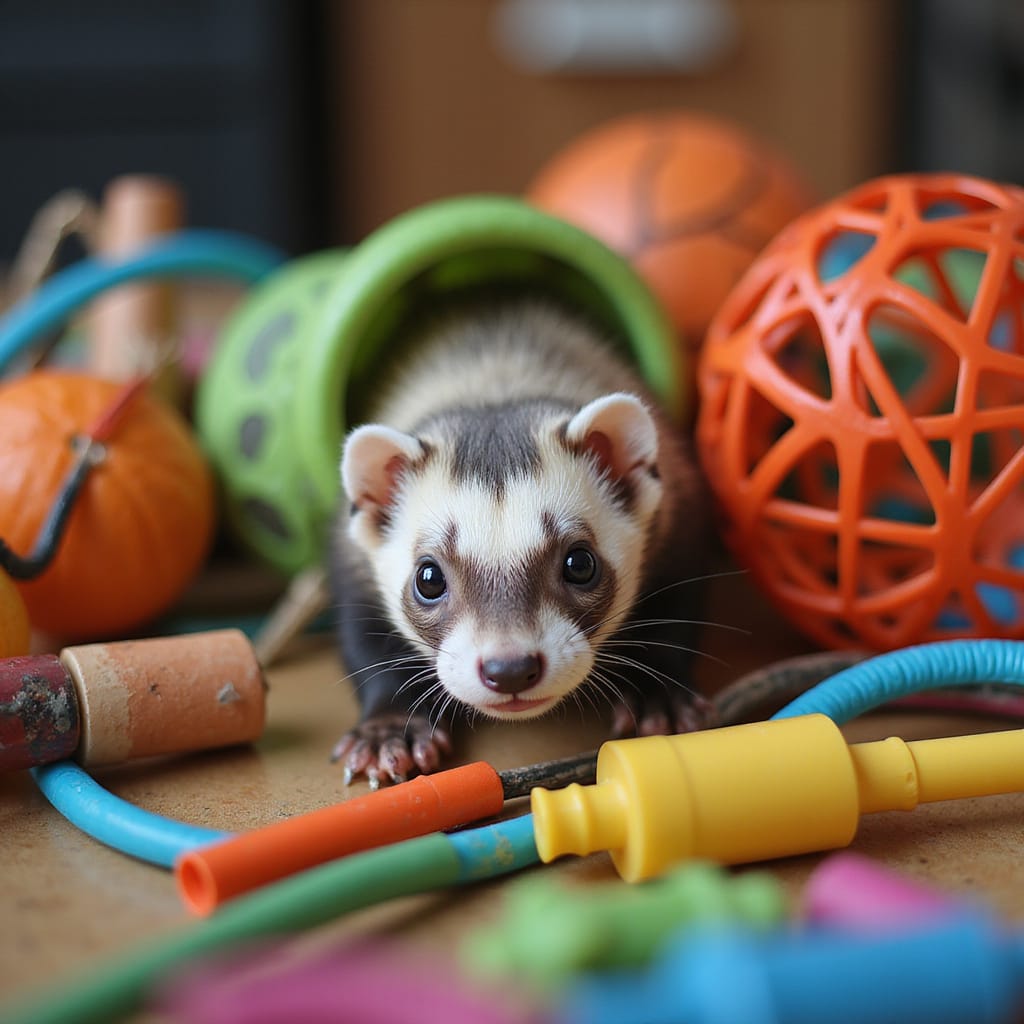 Alt-text pour une image : Furette curieuse examinant un câble électrique entouré dune gaine de protection. ```