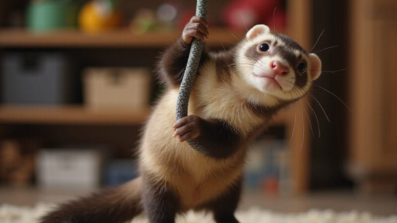 Alt-text pour une image : Furette curieuse examinant un câble électrique entouré dune gaine de protection. ```