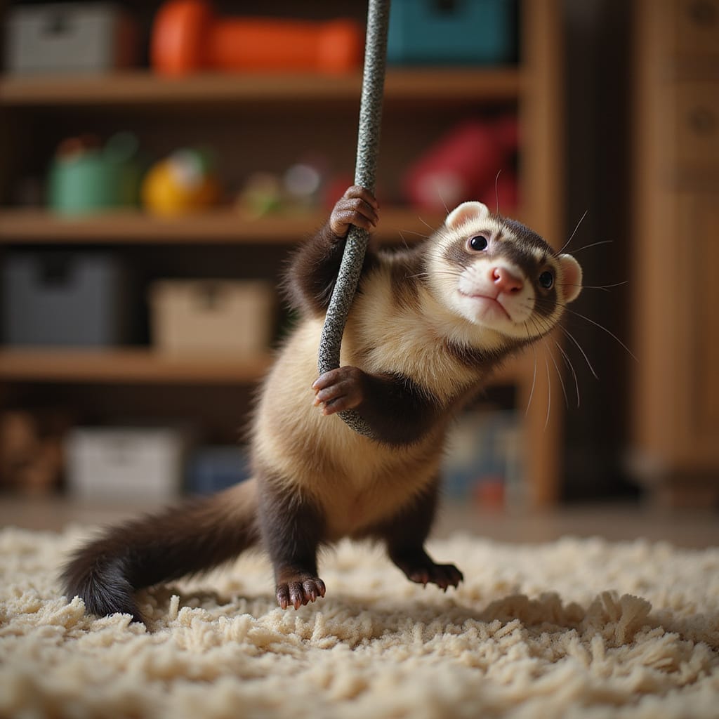 Alt-text pour une image : Furette curieuse examinant un câble électrique entouré dune gaine de protection. ```