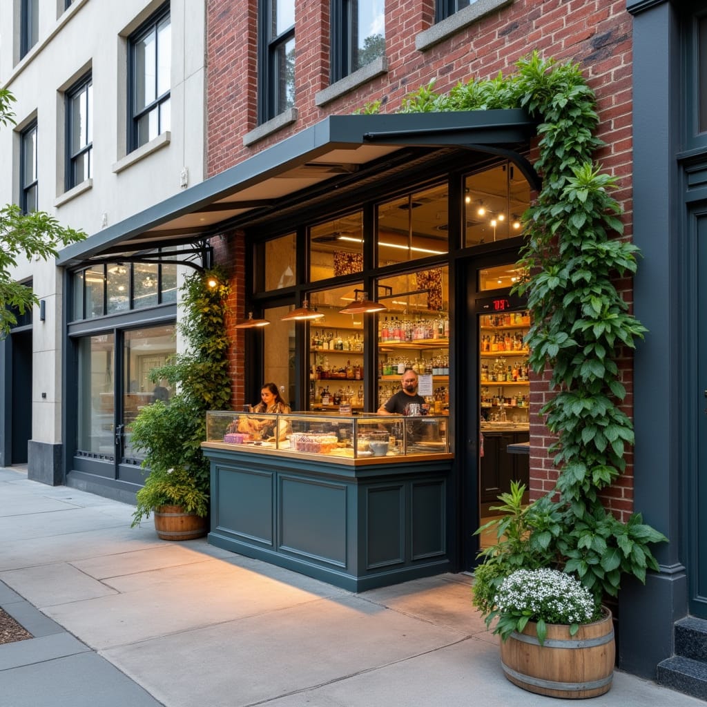 Image d’un espace commercial temporaire moderne et attractif, avec des étagères modulables et une vitrine éclairée, situé dans un quartier animé, illustrant la dynamique des pop-up stores.