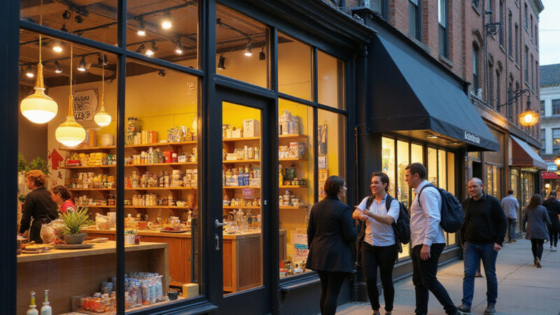 Image d’un espace commercial temporaire moderne et attractif, avec des étagères modulables et une vitrine éclairée, situé dans un quartier animé, illustrant la dynamique des pop-up stores.