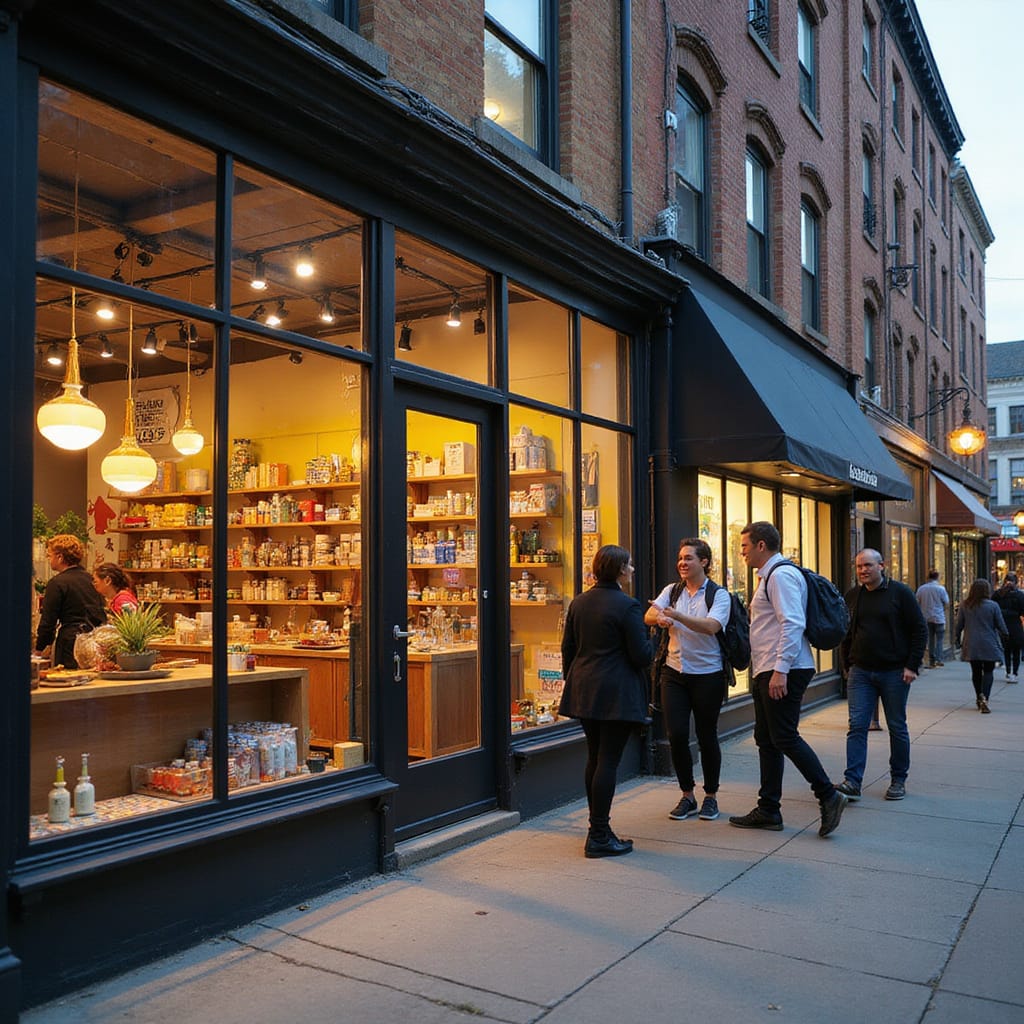 Image d’un espace commercial temporaire moderne et attractif, avec des étagères modulables et une vitrine éclairée, situé dans un quartier animé, illustrant la dynamique des pop-up stores.