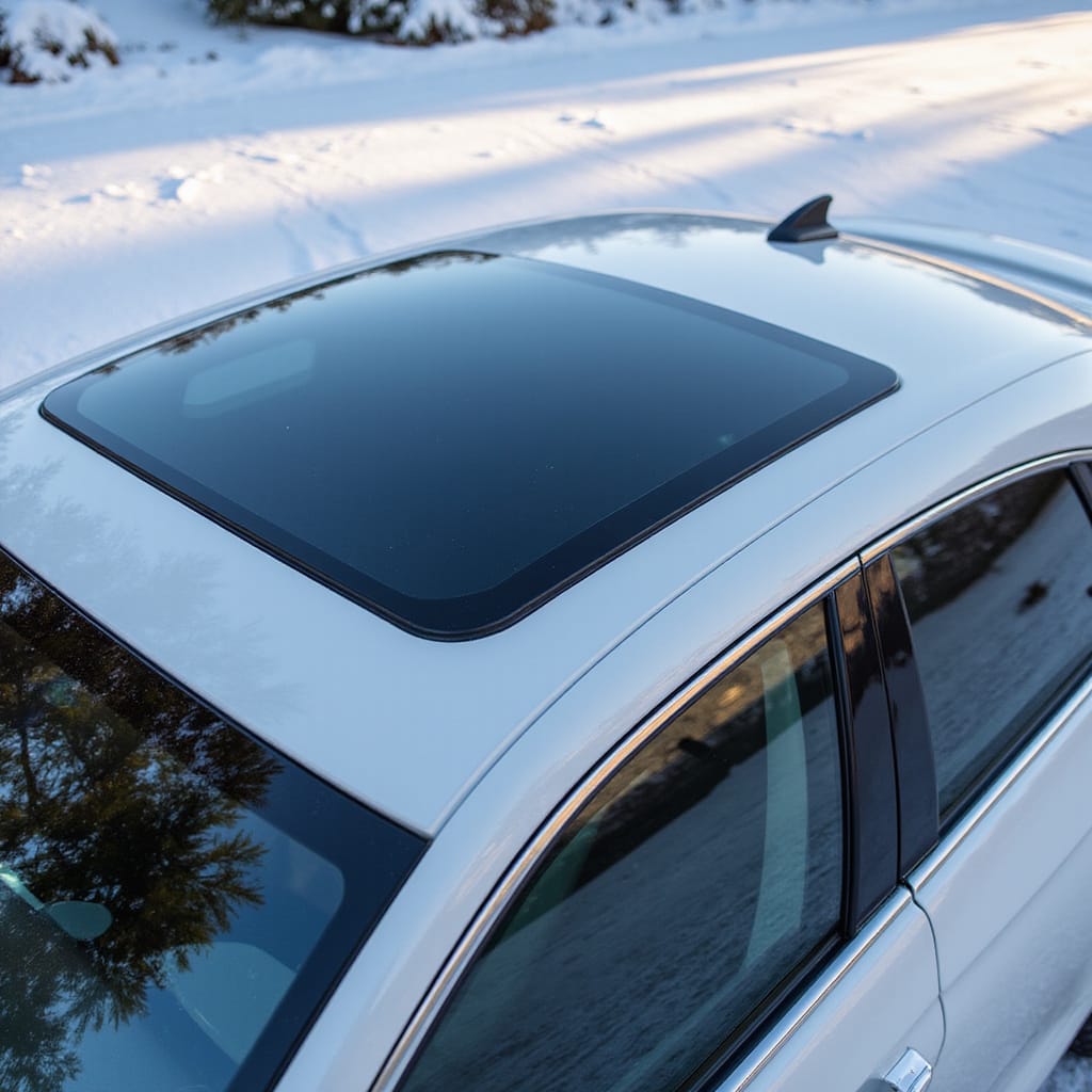 Homme nettoyant soigneusement un toit ouvrant de voiture avec un chiffon microfibre pour préserver les joints et la transparence.