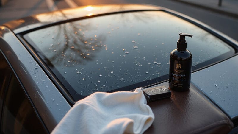 Homme nettoyant soigneusement un toit ouvrant de voiture avec un chiffon microfibre pour préserver les joints et la transparence.