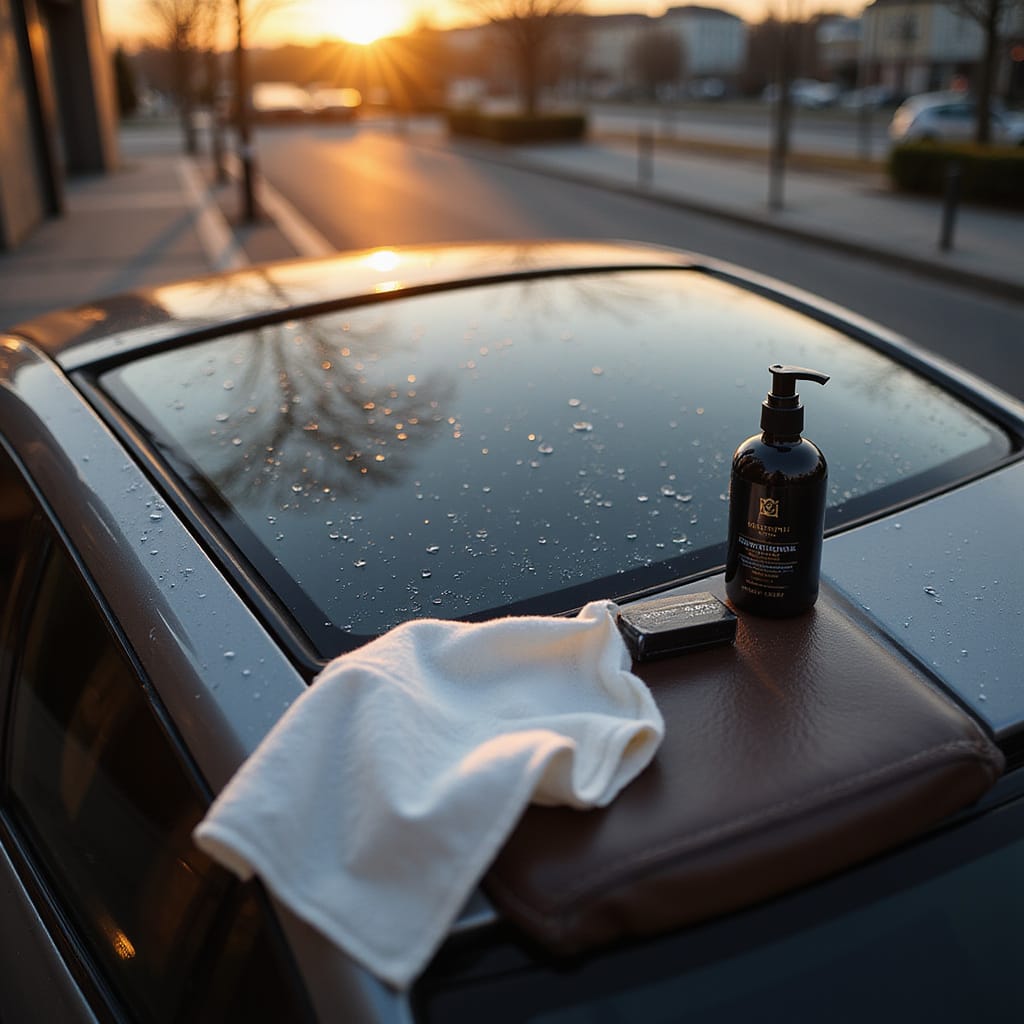 Homme nettoyant soigneusement un toit ouvrant de voiture avec un chiffon microfibre pour préserver les joints et la transparence.