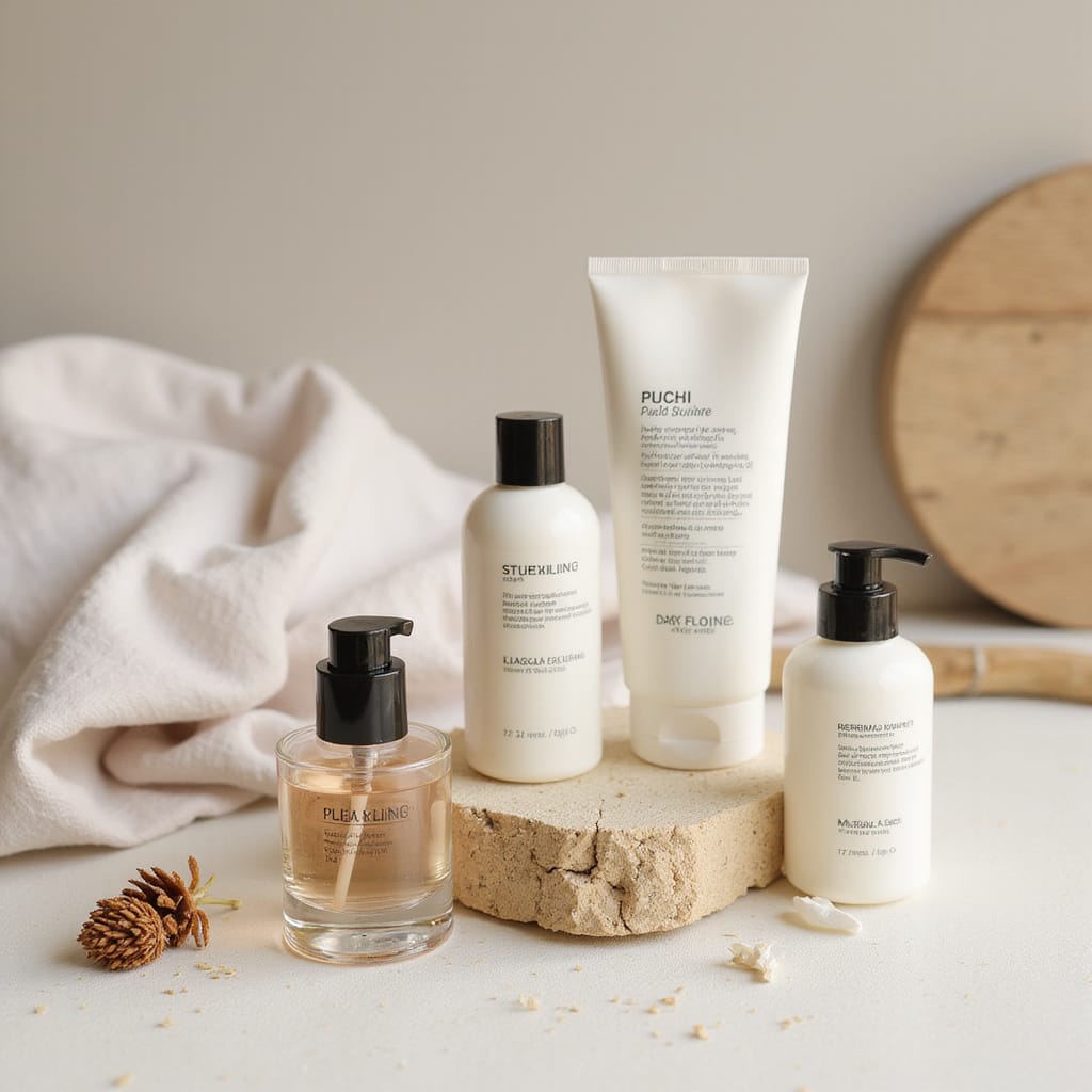 Image d’une collection de produits de soins personnels parfumés et non parfumés posés sur une étagère en bois.