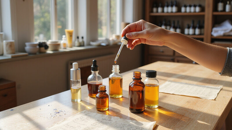 Image d’une collection de produits de soins personnels parfumés et non parfumés posés sur une étagère en bois.