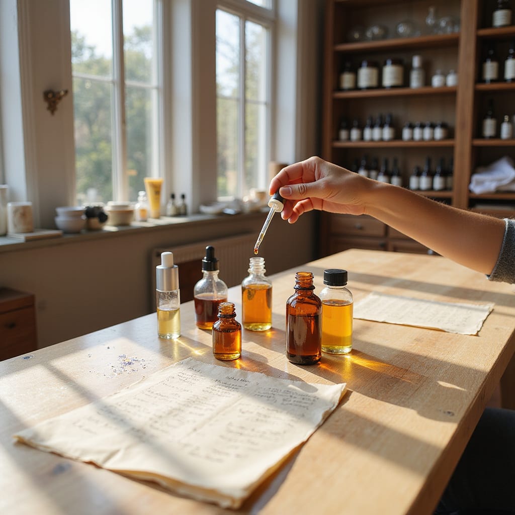 Image d’une collection de produits de soins personnels parfumés et non parfumés posés sur une étagère en bois.
