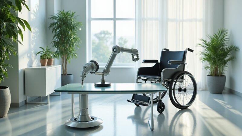 Une personne utilisant une prothèse bionique pour effectuer des tâches quotidiennes, symbolisant lautonomie retrouvée grâce aux technologies dassistance.