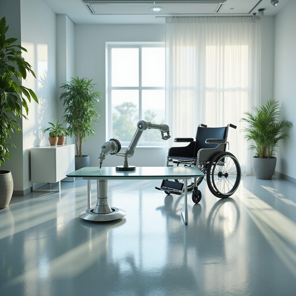 Une personne utilisant une prothèse bionique pour effectuer des tâches quotidiennes, symbolisant lautonomie retrouvée grâce aux technologies dassistance.